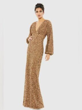New Mac Duggal 10791 Bronze Sequin Puff Sleeve V-Neck Formal Gown